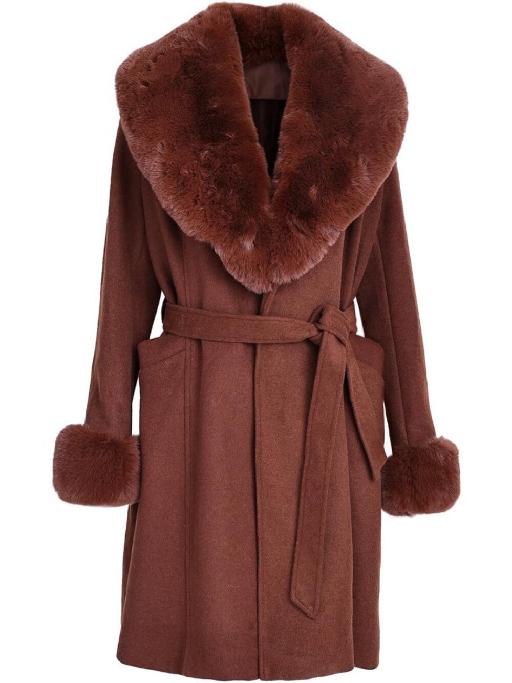 Chic Women's Mid-Long Wool Blend Trench Coat with Faux Fur Shawl Collar